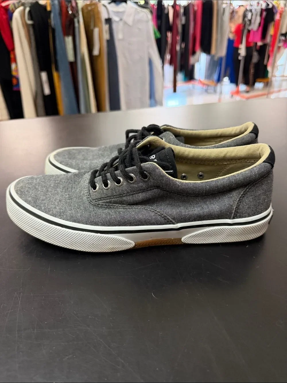 Sperry Gray Canvas Boat Shoes with Black Laces